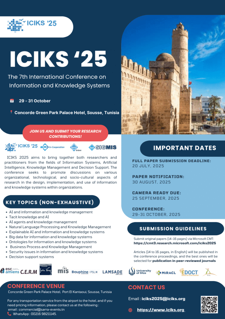 ICIKS’25 – International Conference on Information and Knowledge Systems  aura lieu du 29 au 31 octobre 2025